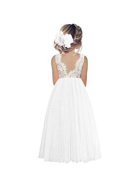 🆕Toddler Girls White Lace Cotton Tulle V Back Sleeveless Maxi Flower Girl Dress